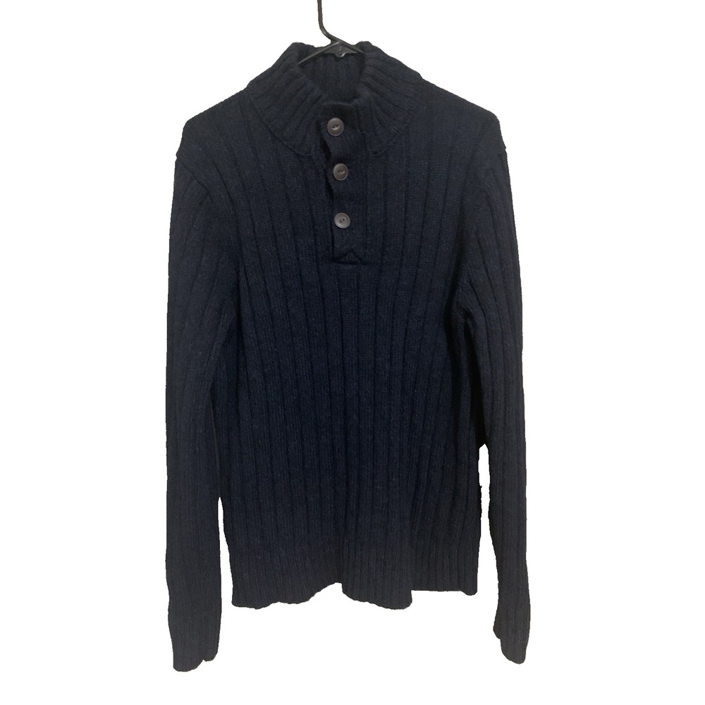 Eddie Bauer Ribbed Knit Lambswool Blend 1/4 Button Sweater Long Sleeve Blue Sz L